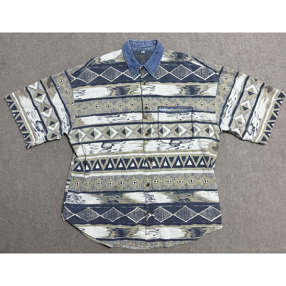 Vintage Fryday Club Shirt Mens XL Blue Beige Aztec Print Denim Collar Pocket 90s
